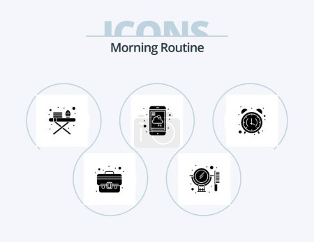 Illustration for Morning Routine Glyph Icon Pack 5 Icon Design. alarm clock. weather. ironing board. service. mobile - Royalty Free Image