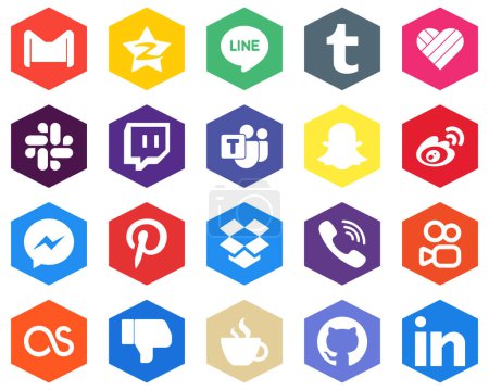 Illustration for 20 Fresh White Icons sina. likee and weibo Hexagon Flat Color Backgrounds - Royalty Free Image