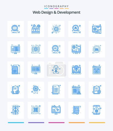 Téléchargez les illustrations : Creative Web Design and Development Pack icône bleue 25 tels que adaptatif. fouille. paramètres. scanner. engrenages css - en licence libre de droit