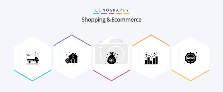 Ilustración de Shopping and Ecommerce 25 Glyph icon pack including new. badge. dollar. statistics. report - Imagen libre de derechos
