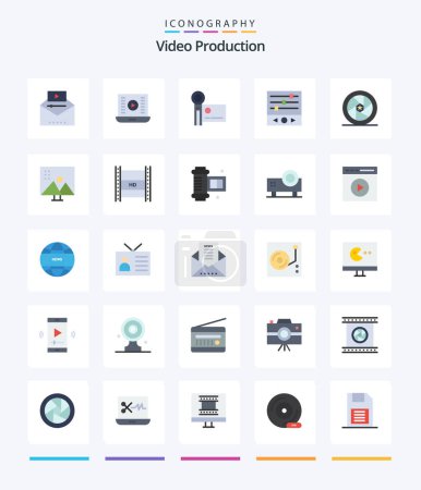 Ilustración de Producción creativa de vídeo 25 Paquete de iconos planos, como la frecuencia de sonido. ecualizador. Reproducción de vídeo. cámara de vídeo. handycam - Imagen libre de derechos