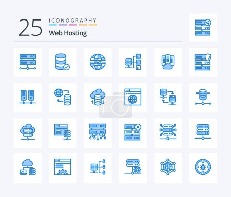 Téléchargez les illustrations : Web Hosting 25 Blue Color icon pack including data. cloud. security. social. server - en licence libre de droit