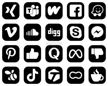 Téléchargez les illustrations : 20 High-Quality White Social Media Icons on Black Background such as messenger. skype. waze. digg and sound icons. Fully editable and professional - en licence libre de droit