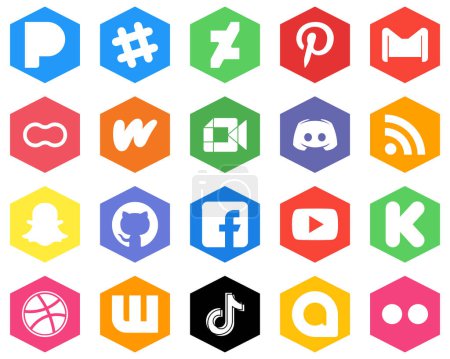 Illustration for 20 Editable White Icons text. discord. mothers and google meet Hexagon Flat Color Backgrounds - Royalty Free Image