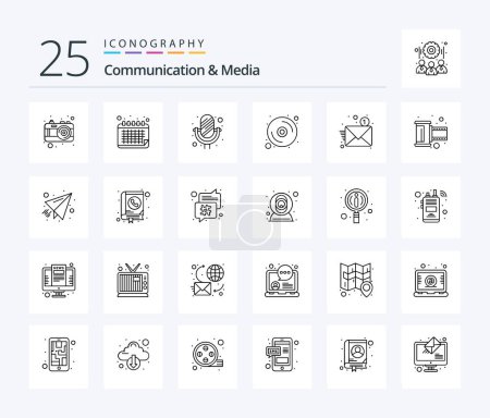 Illustration for Communication And Media 25 Line icon pack including email. dvd. schedule. disk. sound recorder - Royalty Free Image