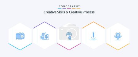 Téléchargez les illustrations : Creative Skills And Creative Process 25 Blue icon pack including pen. illustration. product. analytic. destination - en licence libre de droit