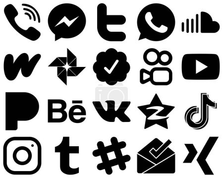Illustration for 20 Professional Black Solid Social Media Icons such as youtube. twitter verified badge. whatsapp. google photo and wattpad icons. High-resolution and fully customizable - Royalty Free Image
