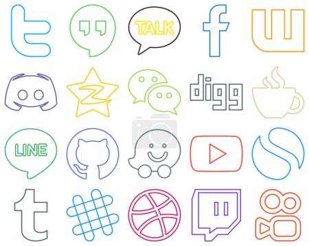 Illustration for 20 Modern Colourful Outline Social Media Icons such as digg. wechat. discord and qzone High-resolution and versatile - Royalty Free Image