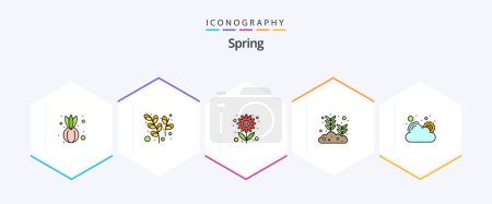 Téléchargez les illustrations : Spring 25 FilledLine icon pack including sun. growing seed. flower. plant. growing - en licence libre de droit