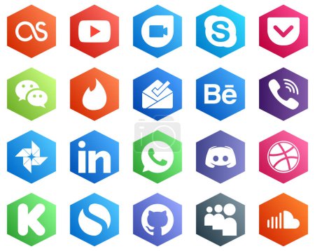 Illustration for Hexagon Flat Color White Icon Collection such as professional. google photo. messenger and viber icons. 25 Professional Icons - Royalty Free Image