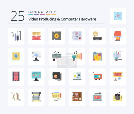 Ilustración de Video Producing And Computer Hardware 25 Flat Color icon pack including connection. mother. cpu. mainboard. computer - Imagen libre de derechos