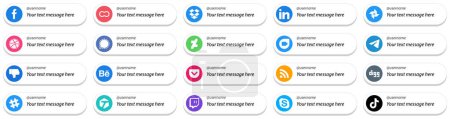 Illustration for 20 Follow Me Social Media Icons with Customizable Message such as messenger. google duo. professional. deviantart and mesenger icons. High quality and creative - Royalty Free Image