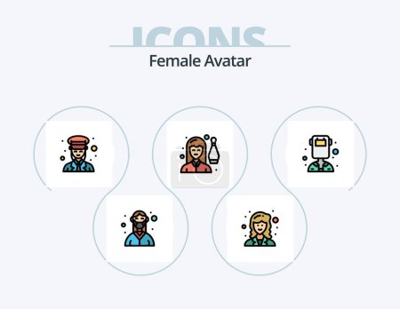 Téléchargez les illustrations : Female Avatar Line Filled Icon Pack 5 Icon Design. female cook. cook. snooker. chef. profession - en licence libre de droit