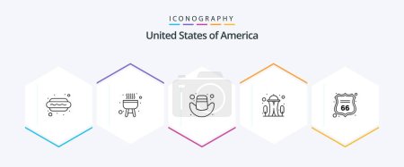 Illustration for Usa 25 Line icon pack including american. shield. cap. security. needle - Royalty Free Image