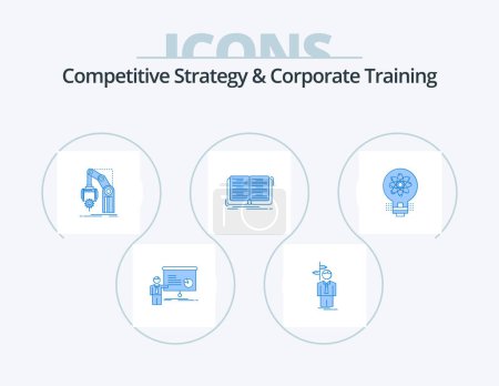 Téléchargez les illustrations : Competitive Strategy And Corporate Training Blue Icon Pack 5 Icon Design. lesson. book. decision. package. hand - en licence libre de droit