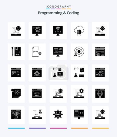 Téléchargez les illustrations : Creative Programming And Coding 25 Glyph Solid Black icon pack  Such As develop. code. development. process. develop - en licence libre de droit