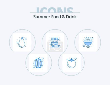 Téléchargez les illustrations : Summer Food and Drink Blue Icon Pack 5 Icon Design. cream. holidays. fruits. food vendor. food - en licence libre de droit