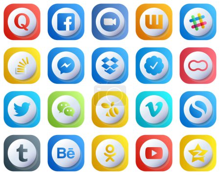 Illustration for 20 Cute 3D Gradient Elegant Social Media Icons such as fb. messenger. overflow and question icons. Modern and Clean - Royalty Free Image