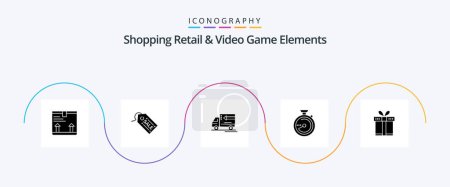 Téléchargez les illustrations : Shoping Retail And Video Game Elements Glyph 5 Icon Pack Including box. location. truck . navigation. browse - en licence libre de droit