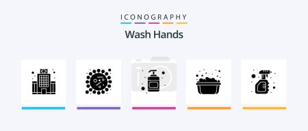 Téléchargez les illustrations : Wash Hands Glyph 5 Icon Pack Including solid. soapy water. bacteria. soap basin. basin. Creative Icons Design - en licence libre de droit