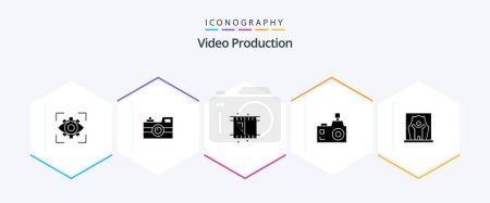 Illustration for Video Production 25 Glyph icon pack including photographer. flash camera. retro camera. camera. video - Royalty Free Image