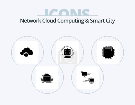 Ilustración de Network Cloud Computing And Smart City Glyph Icon Pack 5 Icon Design. smart. metro. sync. infrastructure. globe - Imagen libre de derechos
