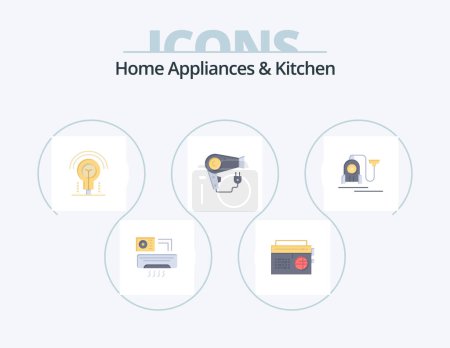 Ilustración de Home Appliances And Kitchen Flat Icon Pack 5 Icon Design. machine. plug. bulb. hairdryer. dryer - Imagen libre de derechos