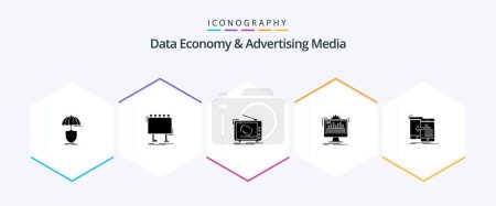 Illustration for Data Economy And Advertising Media 25 Glyph icon pack including monitor. dashboard. poster. set. advertising - Royalty Free Image