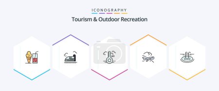 Téléchargez les illustrations : Tourism And Outdoor Recreation 25 FilledLine icon pack including pool . fly. temperature. airplane. air - en licence libre de droit