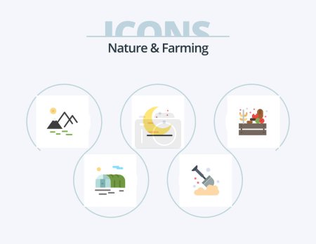 Téléchargez les illustrations : Nature And Farming Flat Icon Pack 5 Icon Design. harvest. farming. mountain. farm. moon - en licence libre de droit