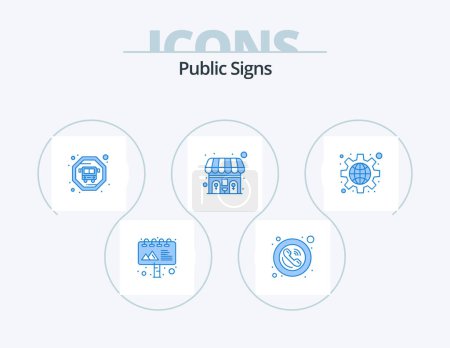 Téléchargez les illustrations : Public Signs Blue Icon Pack 5 Icon Design. . public. bus. global. wc - en licence libre de droit