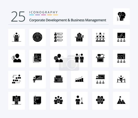 Ilustración de Corporate Development And Business Management 25 Solid Glyph icon pack including profile. graphs. features. skills. profile - Imagen libre de derechos