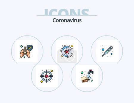Téléchargez les illustrations : Coronavirus Line Filled Icon Pack 5 Icon Design. bacteria. location. meter. hospital. transmission - en licence libre de droit