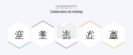 Téléchargez les illustrations : Celebration and Holiday 25 Line icon pack including celebration. celebration. firework. candle. gift - en licence libre de droit