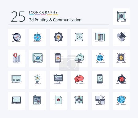Téléchargez les illustrations : 3d Printing And Communication 25 Line Filled icon pack including editing. 3d. network. forming. fabrication - en licence libre de droit
