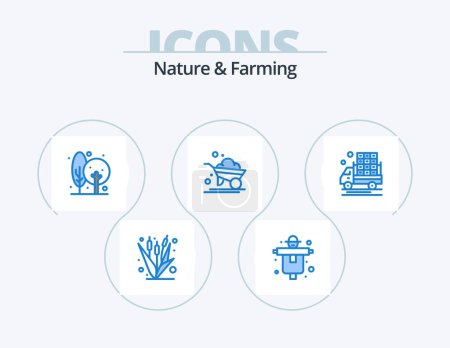 Téléchargez les illustrations : Nature And Farming Blue Icon Pack 5 Icon Design. wheelbarrow. farm. scarecrow. agriculture. farming - en licence libre de droit