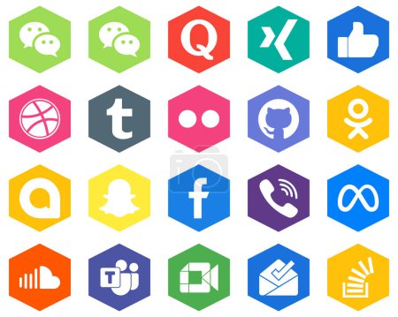 Illustration for 20 Versatile White Icons facebook. tumblr. snapchat and odnoklassniki Hexagon Flat Color Backgrounds - Royalty Free Image