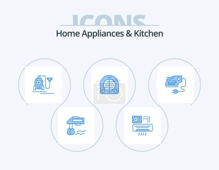 Ilustración de Home Appliances And Kitchen Blue Icon Pack 5 Icon Design. home. home. vacuum. heating. fan - Imagen libre de derechos