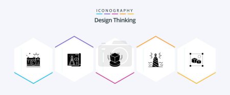 Téléchargez les illustrations : Design Thinking 25 Glyph icon pack including writing. pen. paper. design. cube - en licence libre de droit