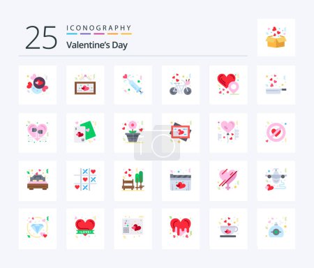 Téléchargez les illustrations : Valentines Day 25 Flat Color icon pack including heart. couple. romantic. bicycle. love - en licence libre de droit