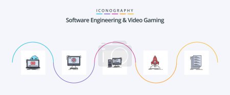 Téléchargez les illustrations : Software Engineering And Video Gaming Line Filled Flat 5 Icon Pack Including shuttle. launch. download. personal. gaming - en licence libre de droit