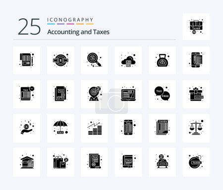 Téléchargez les illustrations : Taxes 25 Solid Glyph icon pack including banking. calculate. service legal. arithmetic. money - en licence libre de droit