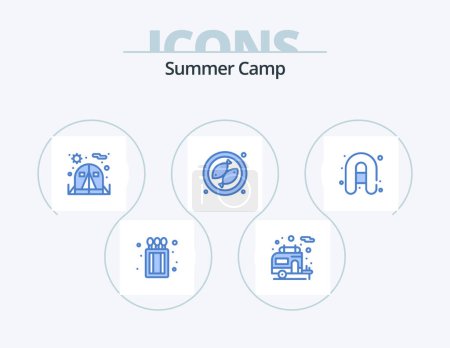 Illustration for Summer Camp Blue Icon Pack 5 Icon Design. . . tent. travel. inflatable boat - Royalty Free Image