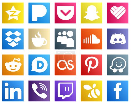 Illustration for 20 Simple Social Media Icons such as text. discord. caffeine. music and soundcloud icons. Premium and high quality - Royalty Free Image