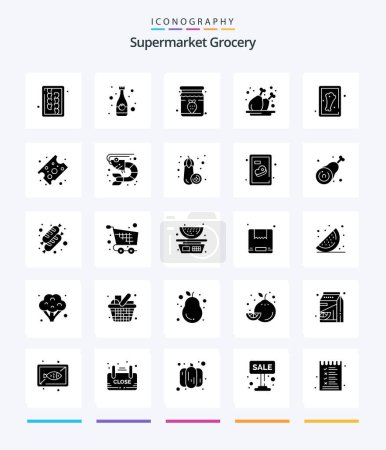 Téléchargez les illustrations : Creative Grocery 25 Glyph Solid Black icon pack  Such As leg. plate. jam. meat. chicken - en licence libre de droit