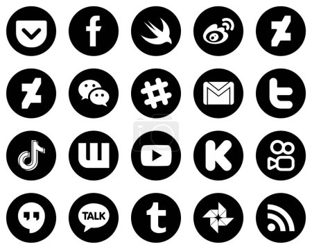 Illustration for 20 High-Quality White Social Media Icons on Black Background such as tweet. mail. email and spotify icons. Customizable and unique - Royalty Free Image