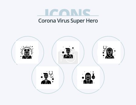 Illustration for Corona Virus Super Hero Glyph Icon Pack 5 Icon Design. nurse. lady. medical support. girl. male - Royalty Free Image
