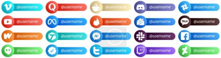 Illustration for 20 Follow me Social Network Platform Icons with Username such as inbox. facebook. message. meta and youtube icons. Fully customizable and professional - Royalty Free Image