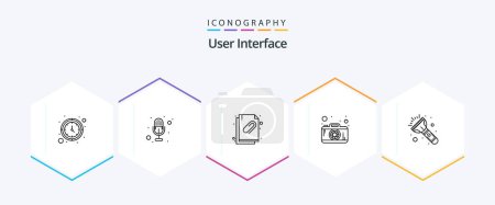 Illustration for User Interface 25 Line icon pack including . light. attachment. flash. camera - Royalty Free Image