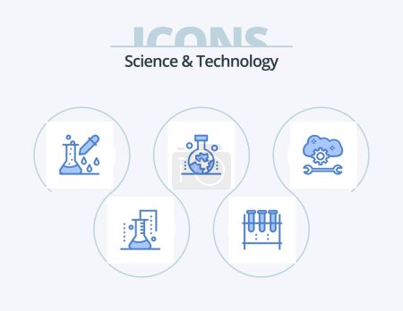Illustration for Science And Technology Blue Icon Pack 5 Icon Design. scientific study of the origin of the earth. geography. lab glassware. scientific research. microbiology - Royalty Free Image